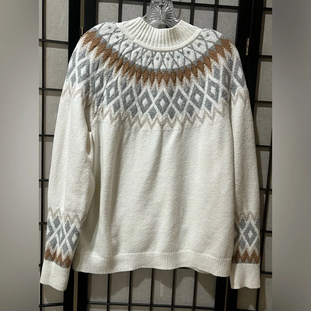NORT POLE Cream Nordic Yoke Sweater with Gray & Tan Diamond Pattern WOMEN SZ XL